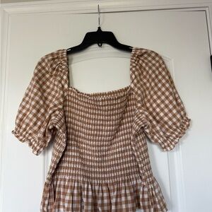 J. Crew Tan Gingham Smocked Blouse